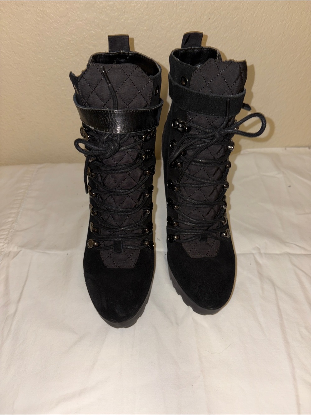 GUESS Chalisa Women's Black Suede Lace Up Bootie Ankle High Heels Buckle Eyelets